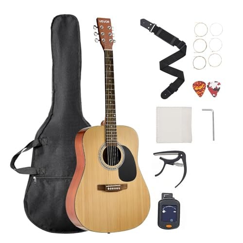 VEVOR Ronde akoestische gitaar met massief sparrendeksel en palissander toets, Bruin/Beige, inclusief tas, stemapparaat, riem, snaren, plectrum en capo