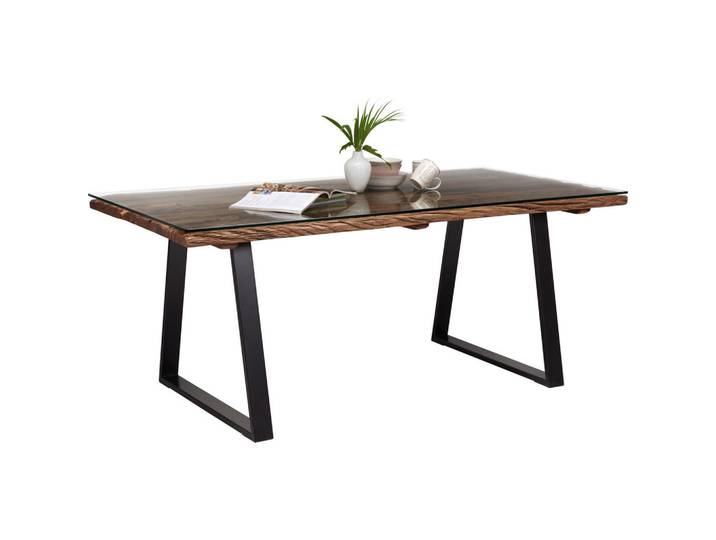 Ambia Home Esstisch, Naturfarben, Schwarz, Holz, Metall, Glas, Recyclingholz, massiv, rechteckig, U-Form, 95x76x190 cm, Holzmöbel, Holztische, Esstische Holz, Massivholztische