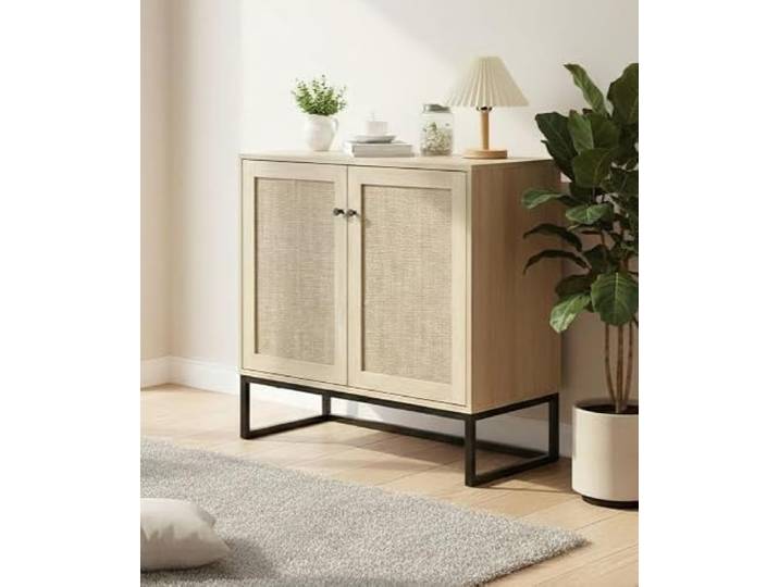 Garvee Sideboard Kommode mit Rattantür, Aufbewahrungsschrank mit verstellbarem Einlegeboden, Wohnzimmerschrank Anrichte für Flur Schlafzimmer, Boho-Stil, Eiche Optik & Schwarz, 80x38x78 cm