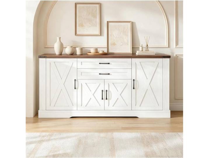 ULEVR Buffet bas blanc 160 cm avec plateau coloris bois 4 portes 2 tiroirs MDF et panneaux de particules