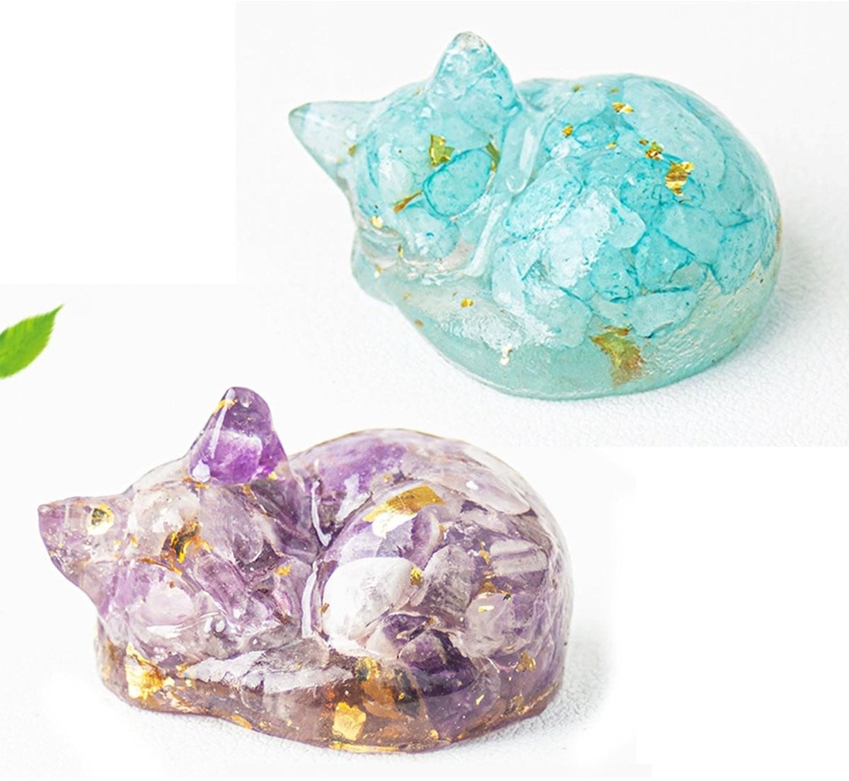 Allecto Set van 2 Slapende Kristallen Kat Ornamenten - Decoratieve Kristallen Beeldjes voor op Tafel