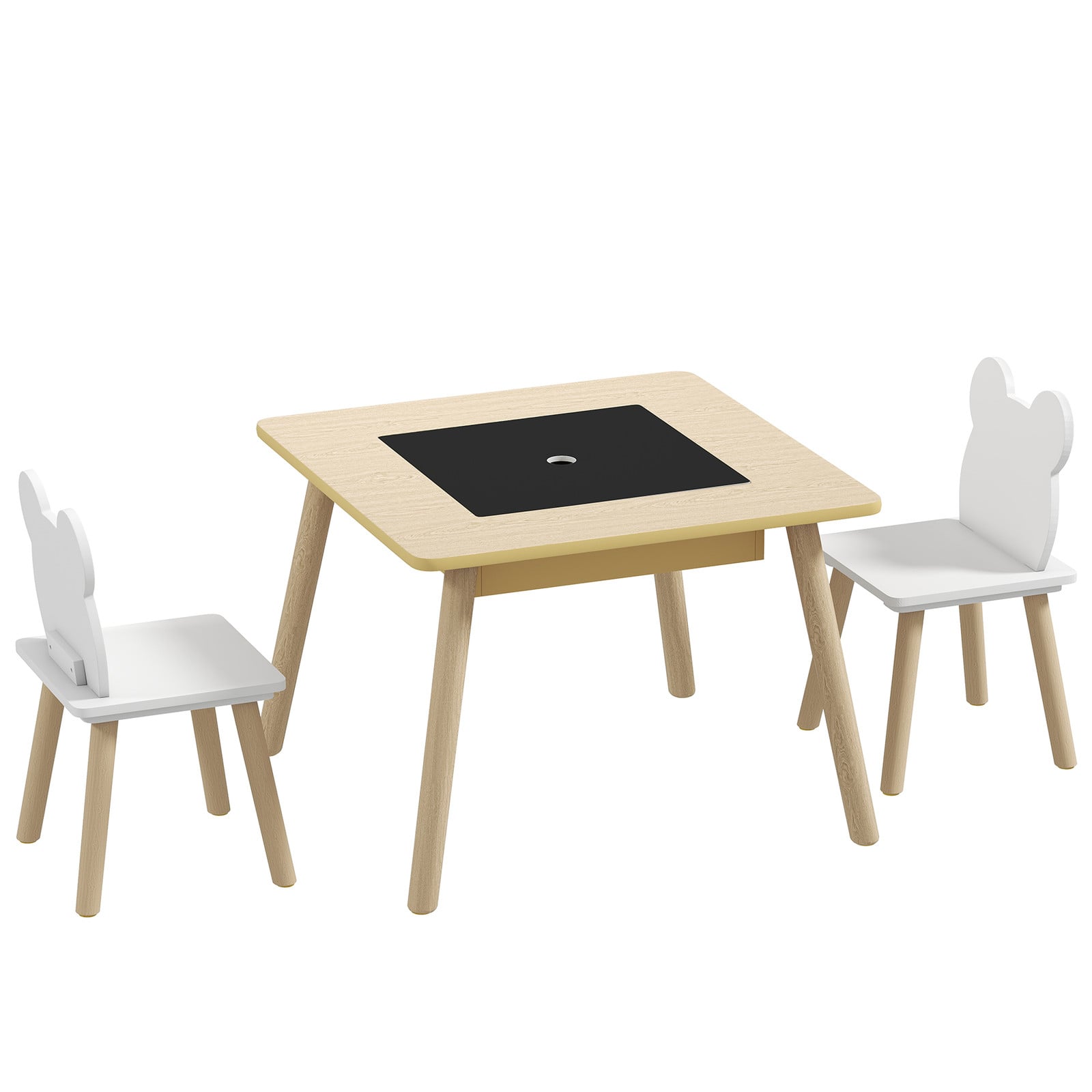 AIYAPLAY Kindertafel met 2 stoelen, kinderzitset met opbergruimte en berenvormige rugleuning, naturel hout