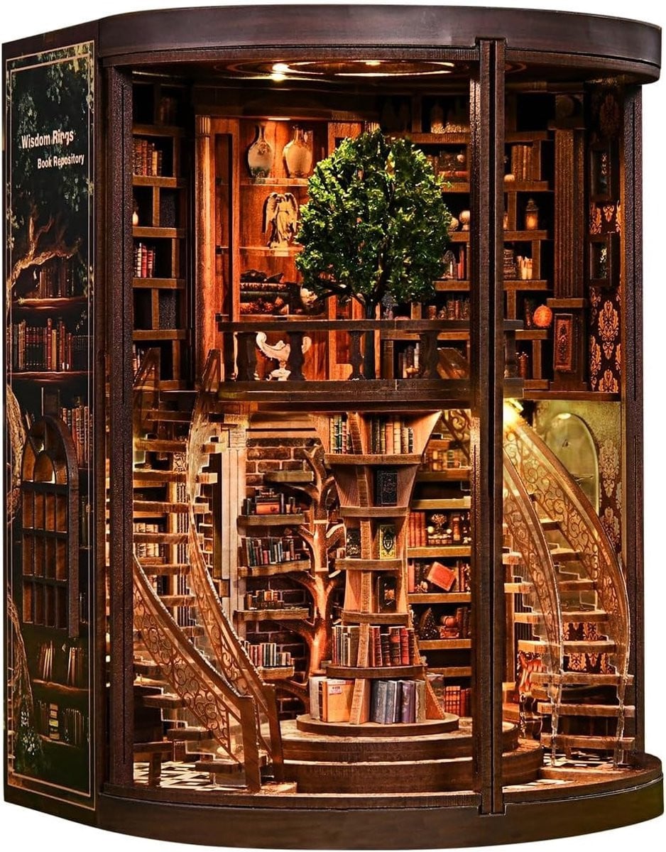 DIY Miniatuur Boekenkast Kit met Retro Dubbele Laag Bibliotheek, 3D Houten Puzzel met LED Verlichting voor Decoratie