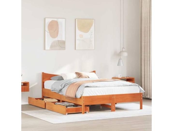 KTHLBRH Bettgestell mit Schubladen, braun, Wachs, 120 x 200 cm, Massivholz Lattenrost, 2 Schubladen mit Rollen, Kapazität 100 kg, Montage erforderlich