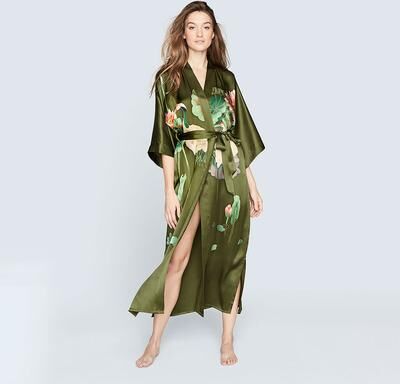 KIM + ONO Hand-Painted Crane Long Silk Kimono Robe   KIM+ONO - olive / one size