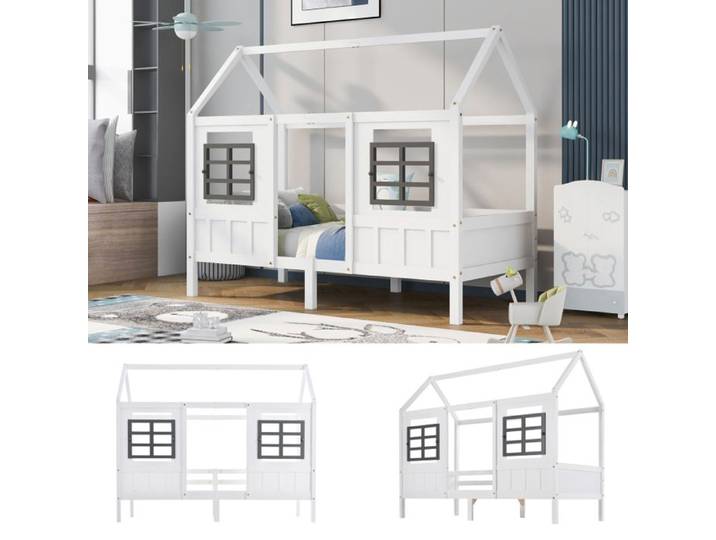 Lit enfant cabane - LANGTU - Lit maison avec fenêtres - 90x200 cm - Pin massif - Blanc