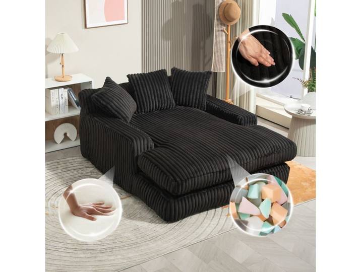 Canapé-Fauteuil en cord 125x155x63cm 1 place chaiselongue 3 coussins assise confortable pour salon moderne noir