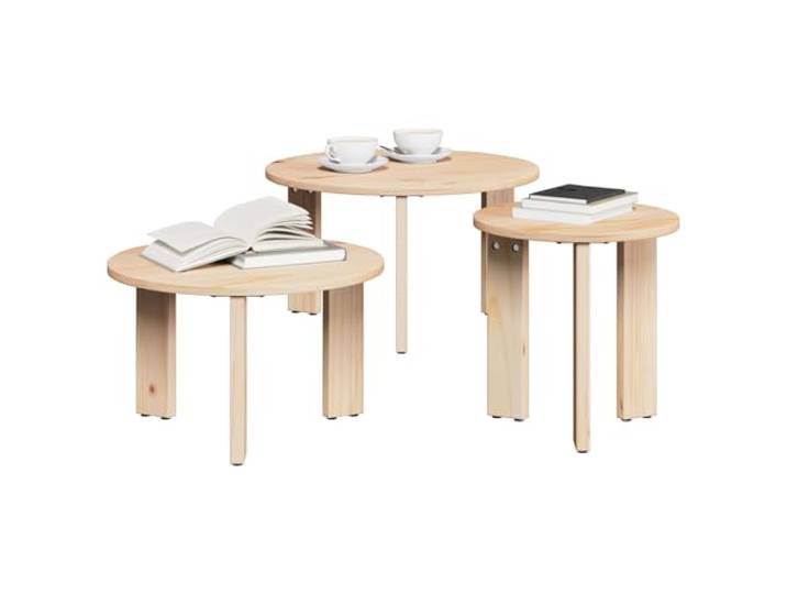 Couchtisch, rund, aus massivem Kiefernholz, Set mit 3 Tischen, ausziehbar, für Wohnzimmer,