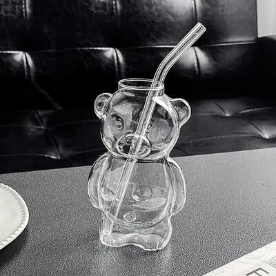 Uplift Essentials Cartoon Bear Glass Mug 10.8 Oz Creative Transparent Cup With Straw bear Mug With Straw