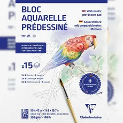Clairefontaine 5x Aquarellblock 30x40 cm mit vorgezeichneten Motiven, 15 Blatt 300g, Motiv Tiere - 975725C
