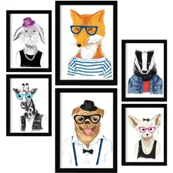 POSTER Set Mit 6 Hipster Tiere Im Farbenfrohen Handgezeichneten Weißer Hintergrunddruck Mit Tieren In Menschlicher Kleidung A3 & A4 Schwarzer Rahmen