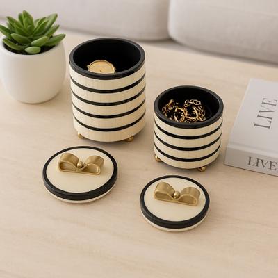 Sagebrook Home "Resin Boxes Stripe Inlay with Lid Handles (Set of 2) - 9"", 7"" Cream - 6.5"" x 6.5"" x 9"""