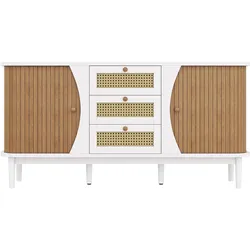 SIDEBOARD in Weiß & Holz-Optik Rattankommode mit 3 Schubladen & Bogen-Design
