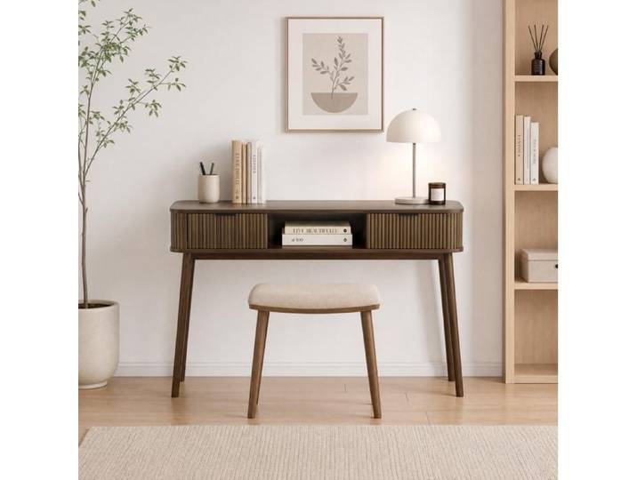 Table console mid-century AESVAR 2 tiroirs niche ouverte effet noyer entrée et salon