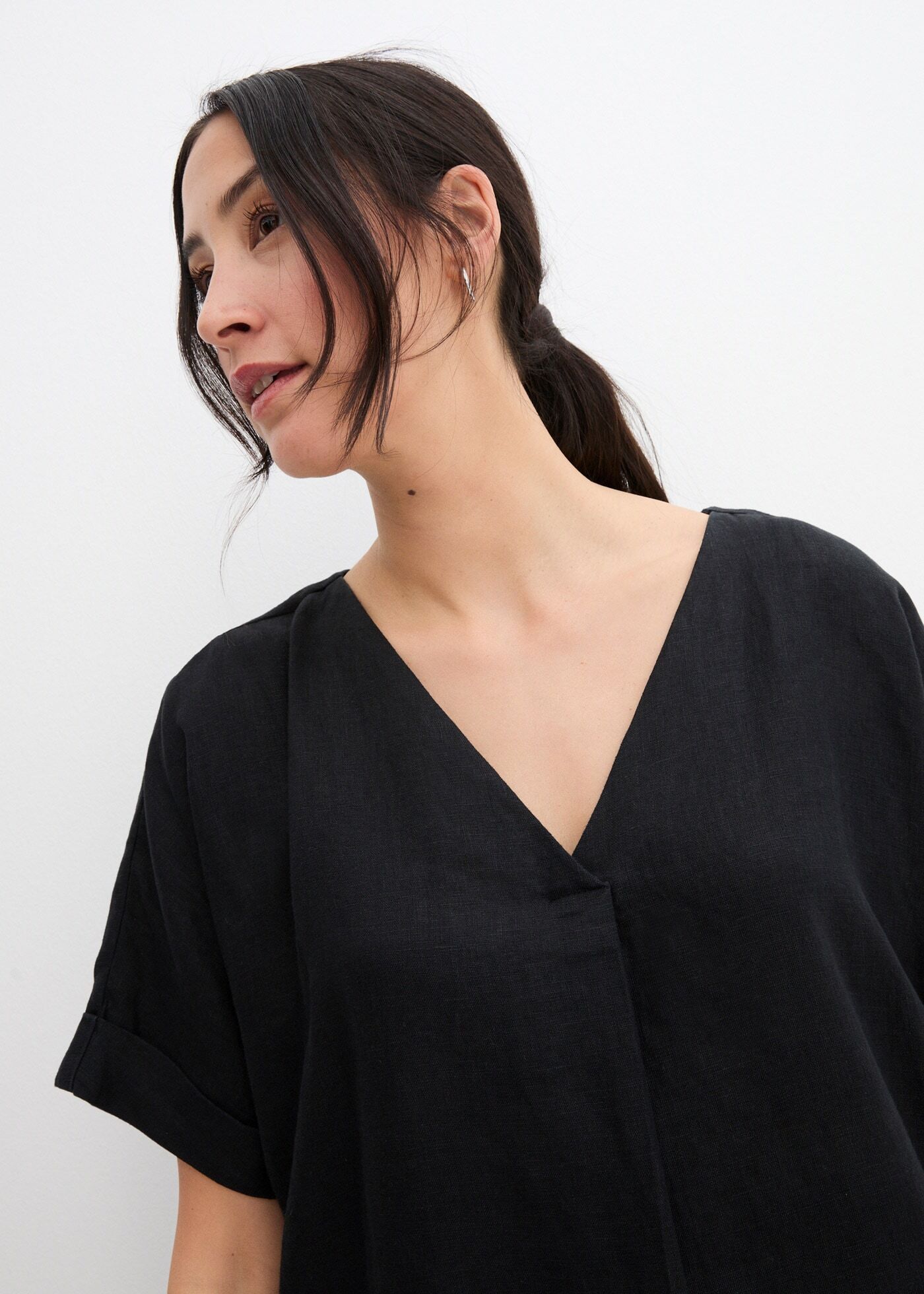 Tunikakleid BONPRIX "Kaftan-Kleid aus reinem Leinen", Damen, Gr. 54, N-Gr, Halbarm, schwarz, Obermaterial: 100% Leinen, oversize, Kleider Tunikakleid, für eleganten Look, aus Leinen, Oversize-Passform, mit Halbarm