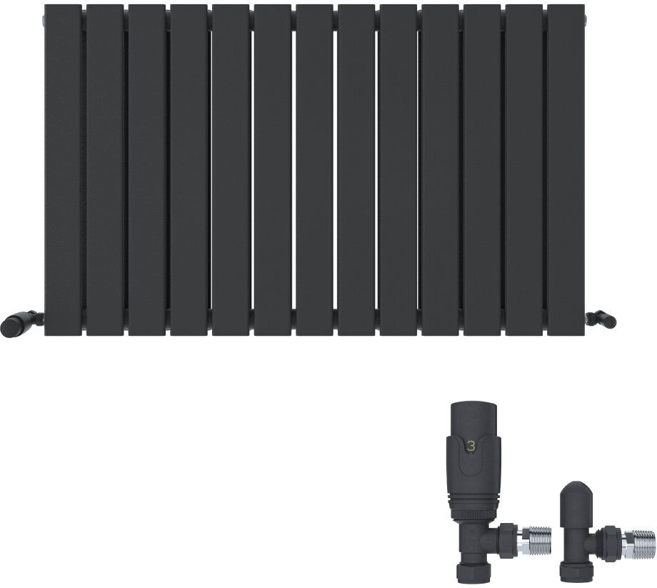 iBathUK Belgravia Horizontal Double Slim Flat Panel Radiator Angled Valve Grey 600cm H x 988cm W x 69cm D
