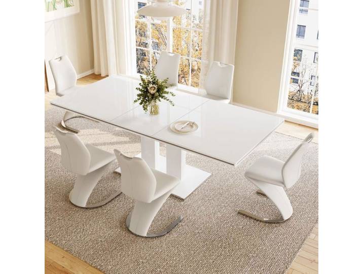 JIEXI Table extensible Ensemble table et 6 chaises en cuir PU salon salle à manger (1 table + 6 chaises blanches)