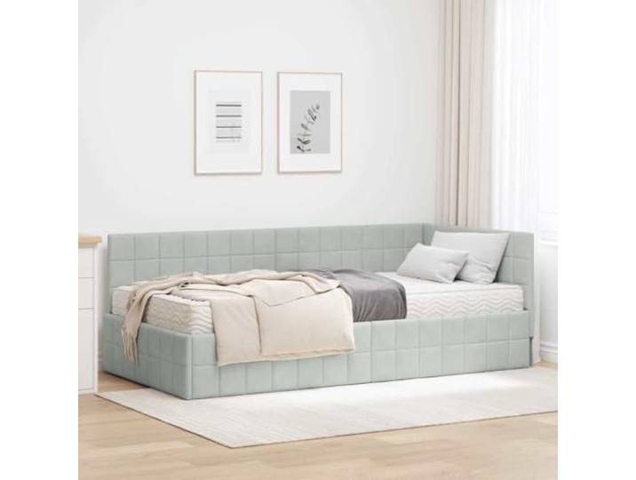 HFMDRMU Samt-Eckbettgestell mit Matratze 2 pcs, hellgrau Samt-Kopfteil, wandmontiertes Design, mittelfeste Schaumstoffmatratze, stabiles Sperrholzgestell, moderner Stil