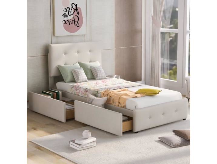 Lit simple rembourré 90x200cm avec 2 tiroirs - MODERNLUXE - Beige - Scandinave Moderne