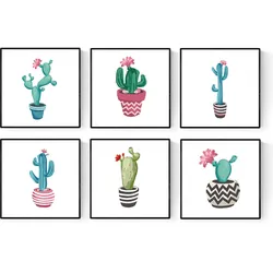 POSTER Set Mit 6 Kaktus Illustriert Blätter 20X20 Rahmenlos