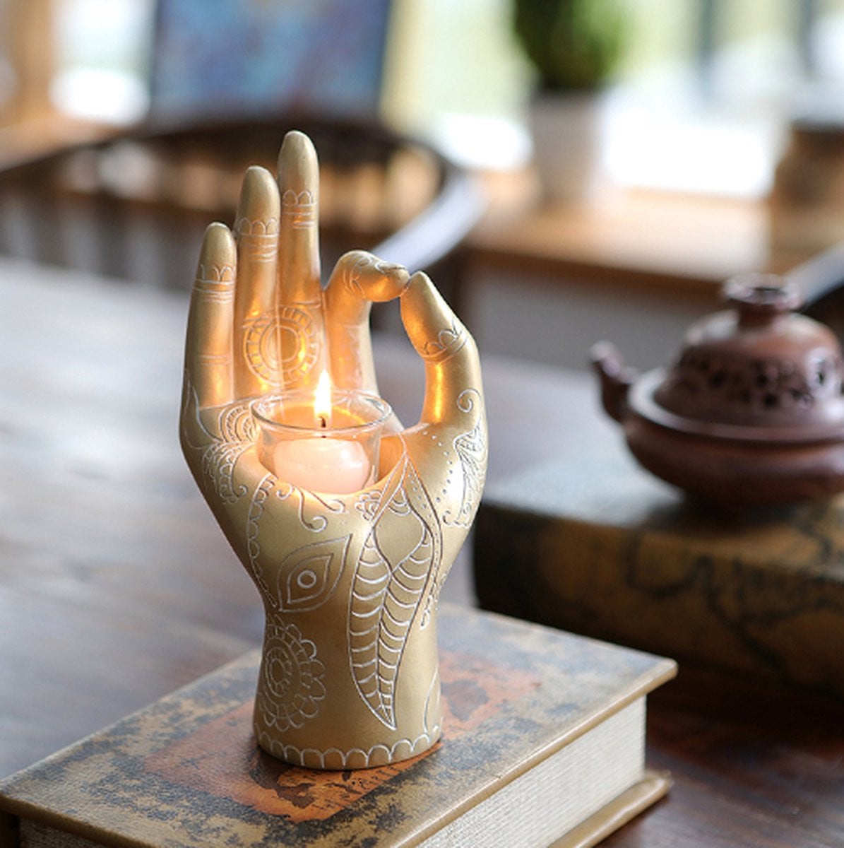 Houder voor waxinelichtjes Hand van Buddha Gouden kleur