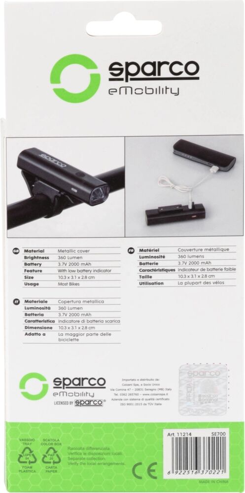 LUCE FRONTALE SPARCO DA BICICLETTA RICARICABILE
