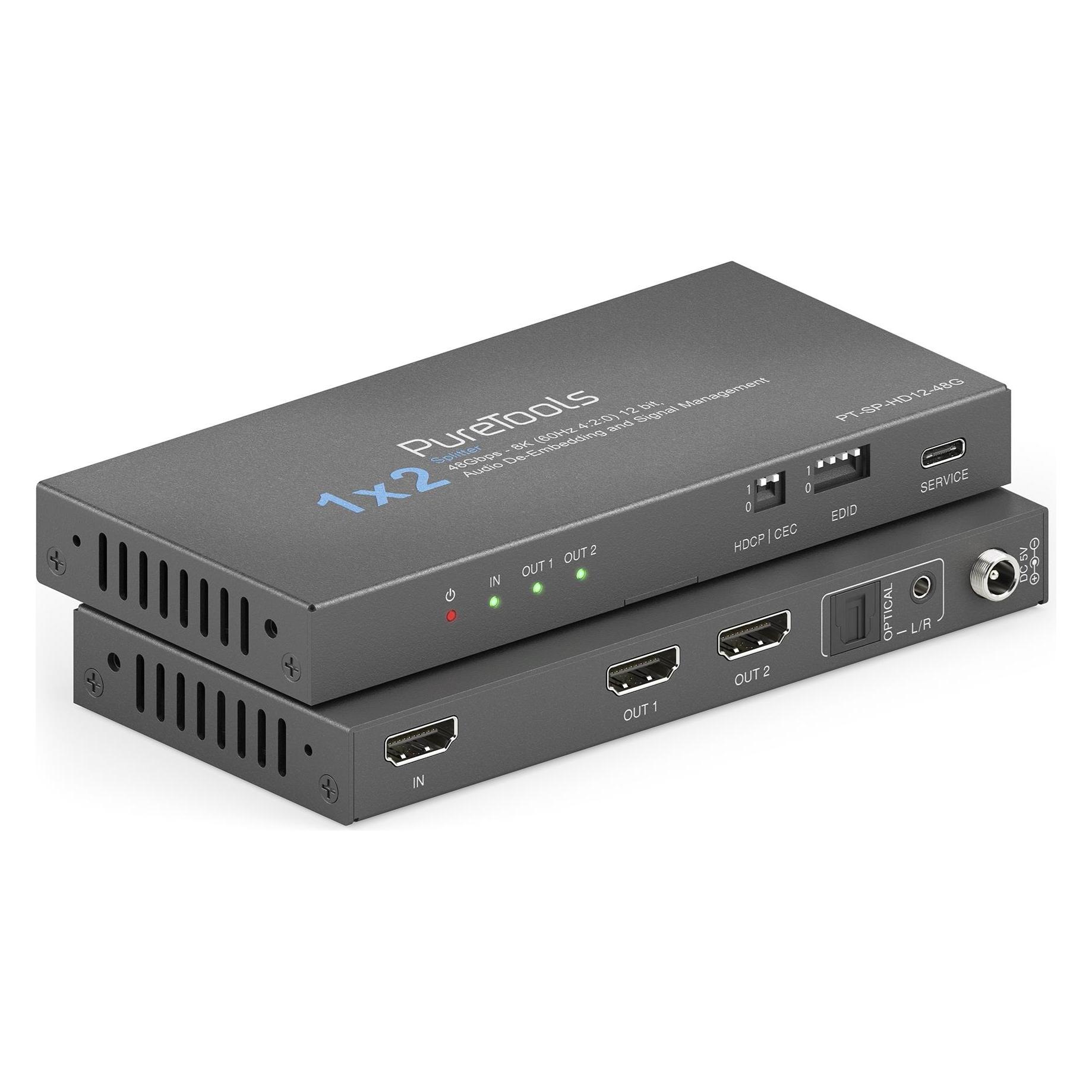 Purelink PureTools - 1x2 HDMI2.1 Splitter - 48Gbps - 8K (60Hz 4:2:0) 12 bit, Audio De-Embedding und Signal M (PT-SP-HD12-48G)
