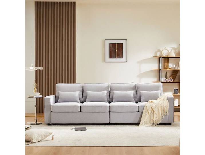DRIPEX Canapé 4 places moderne en tissu lin Grand Canapé avec 4 coussins et poches accoudoirs pour le salon bureau Gris Clair