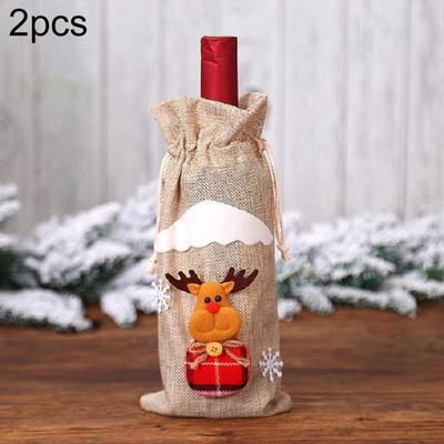 Inspired Deals 2PCS Christmas Wine Bottle Cover Linen Gift Bags For Holiday Table Decor burlap Moose
