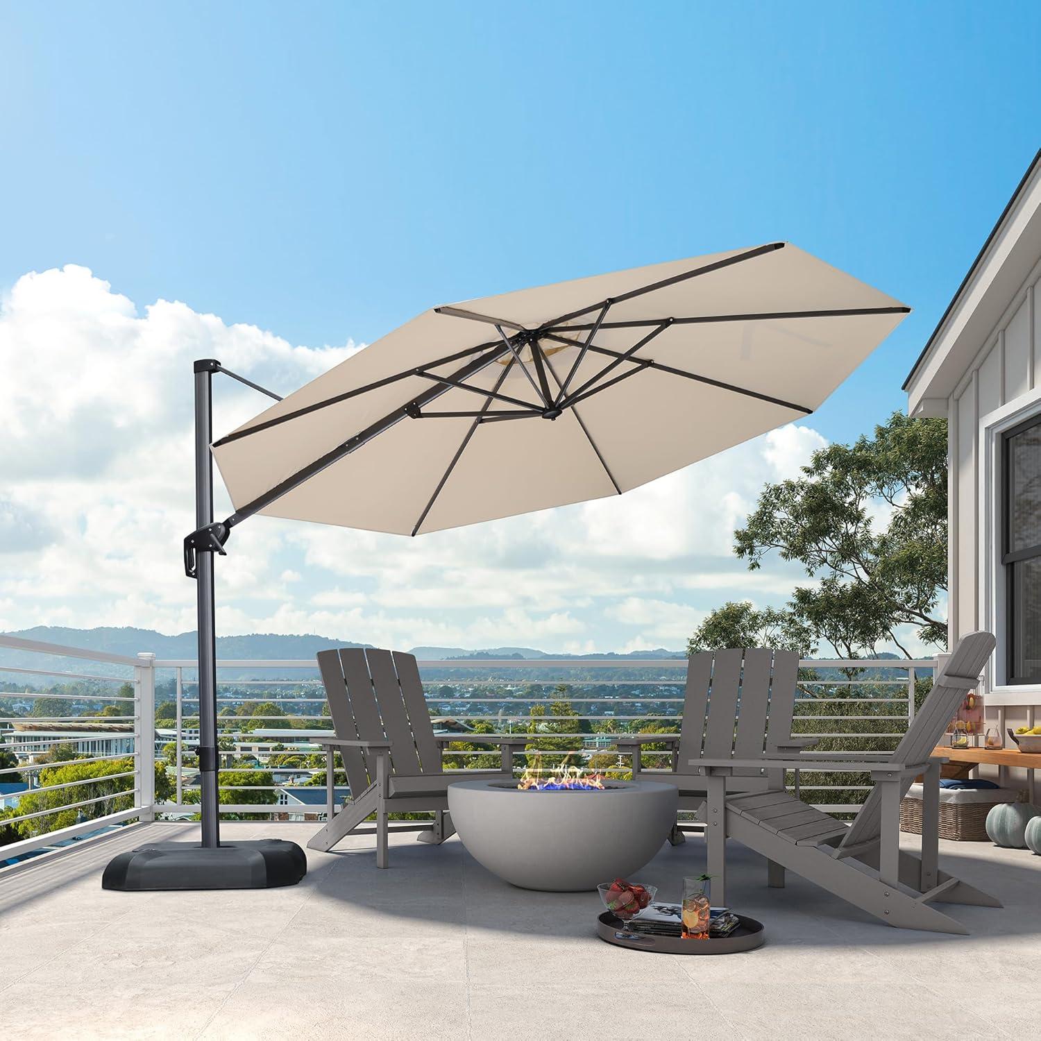 PURPLE LEAF 330 cm Sonnenschirm groß Ampelschirm Rund 360-Grad drehbar mit Fußpedal und Kreuzsockel für Terrasse, Balkon Sonnenschutz, Beige