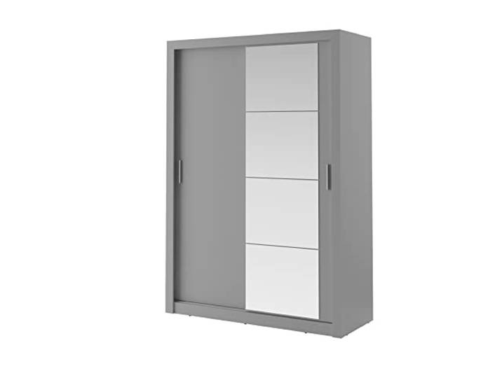 MINIO go for it - Schwebetürenschrank ERTA 4 150 cm Schrank mit Spiegel zweitürig kleiderchrank, Kleiderstange und Einlegeboden, Schlafzimmer Möbel, Farbe: Grau matt