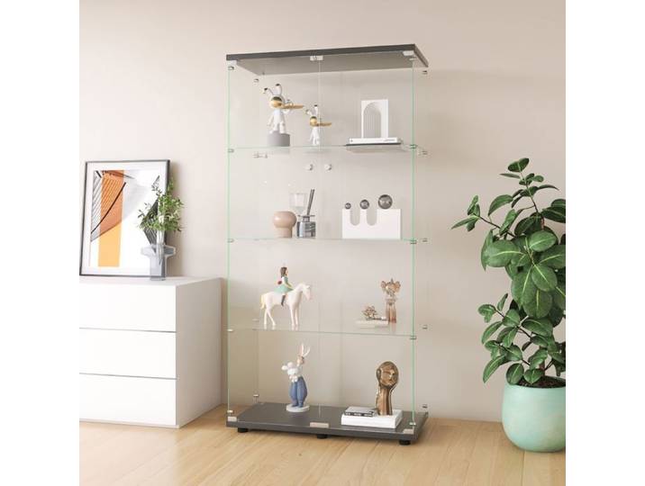 Vitrine en verre - LUMINARIX - Noir - 4 étagères - 2 portes - Serrure de sécurité