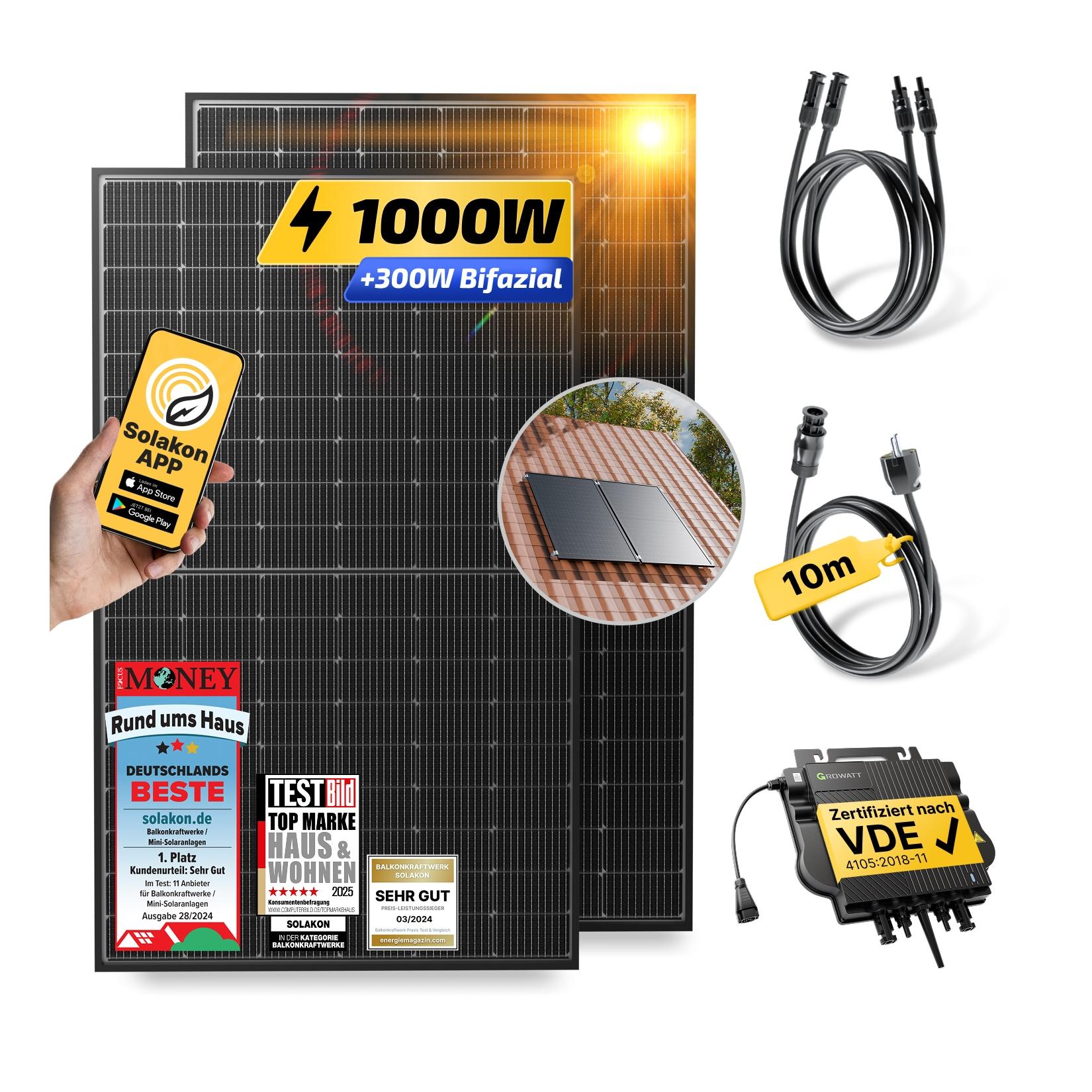Balkonkraftwerk 1000W/800W Solaranlage mit Dach Halterung (Paarmontage) Halterung Steckerfertig WIFI Komplettset Photovoltaik Anlage 800W, Kabellänge: 10m