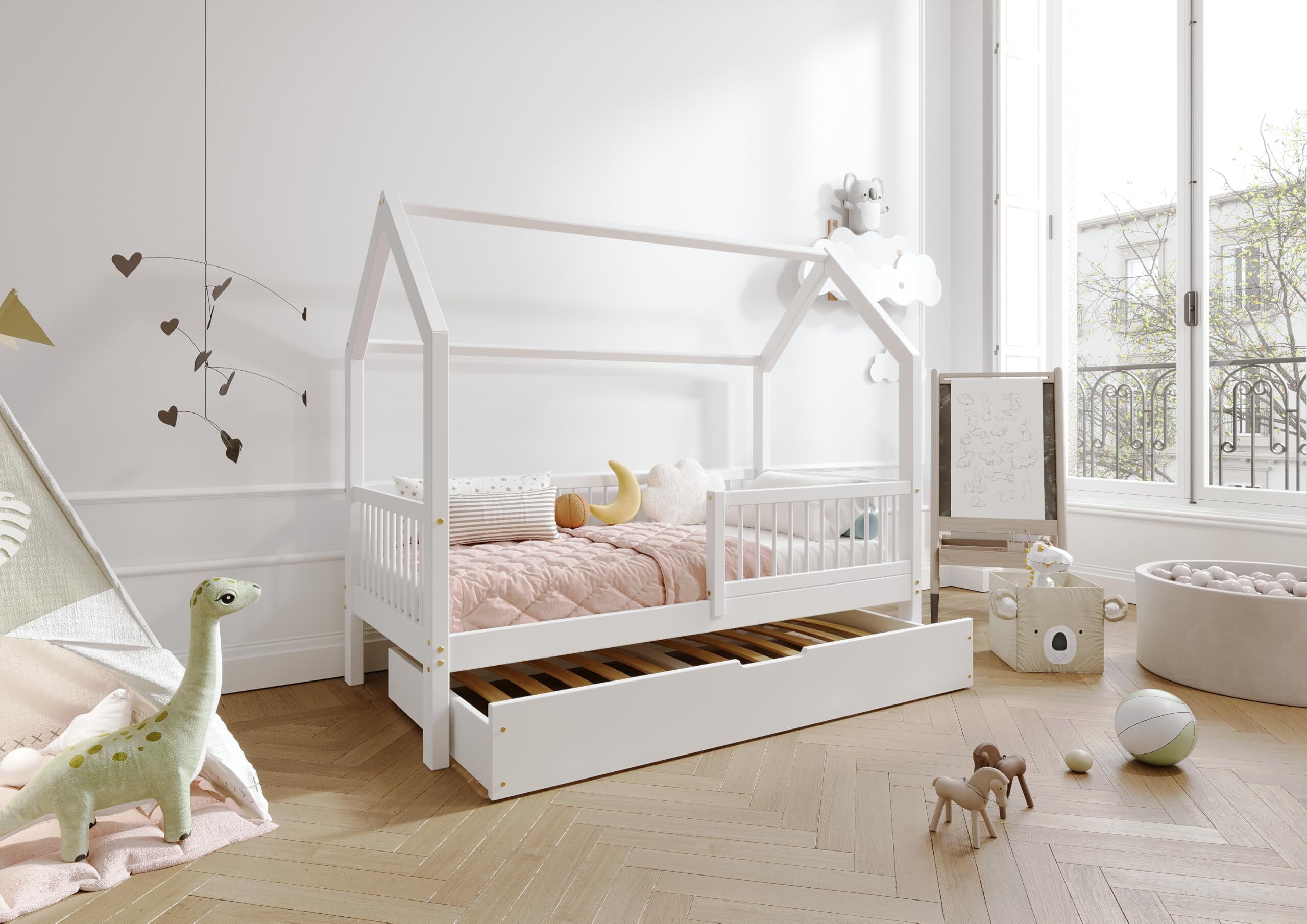 TIMBEE ZOJA Duo Hausbett Doppelbett Kinderbett Holz Bett mit Schublade mit Schlaffunktion - Weiß - 80x160cm