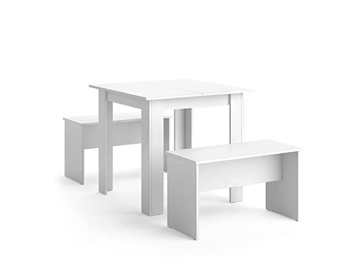 Vicco Esstisch Set Sentio, Weiß, 80 x 80 cm mit 2 Bänken, platzsparend für Essbereich und Frühstücksecke einsetzbar