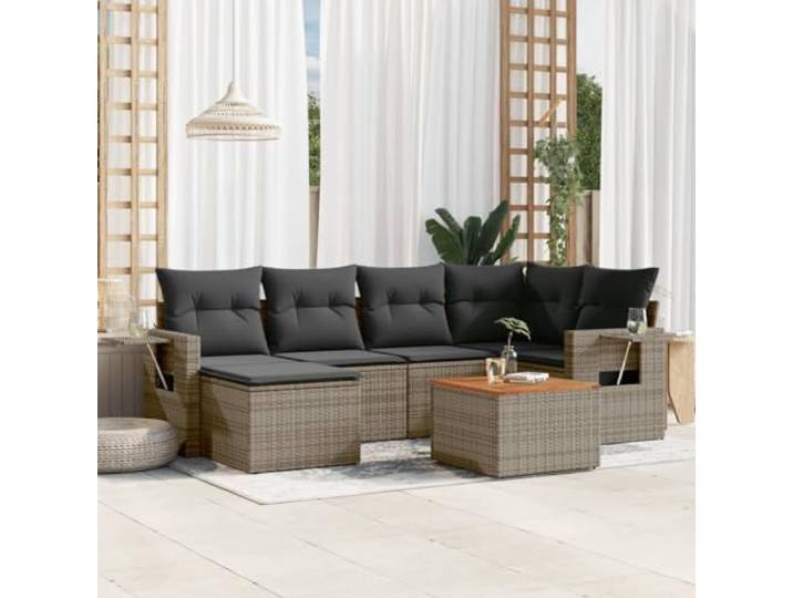 KTHLBRH Gartenmöbel-Set 7-teilig mit grauen Kissen aus Polyrattan Modularer Beistelltisch aus Akazie, wasserdichter Aufbewahrungsbehälter für Terrasse und Terrasse