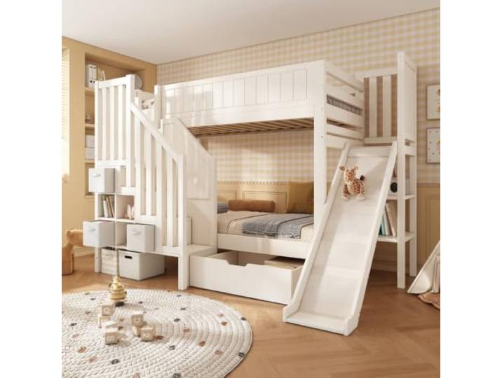 RAPRAP WeißEtagenbett 90x200 mit Rutsche & Leiterschrank EN747 Hochbett Kinder mit großen Schubladen & offenem Regal, 3-in-1-Funktion, 2 Lattenroste, ohne Matratze
