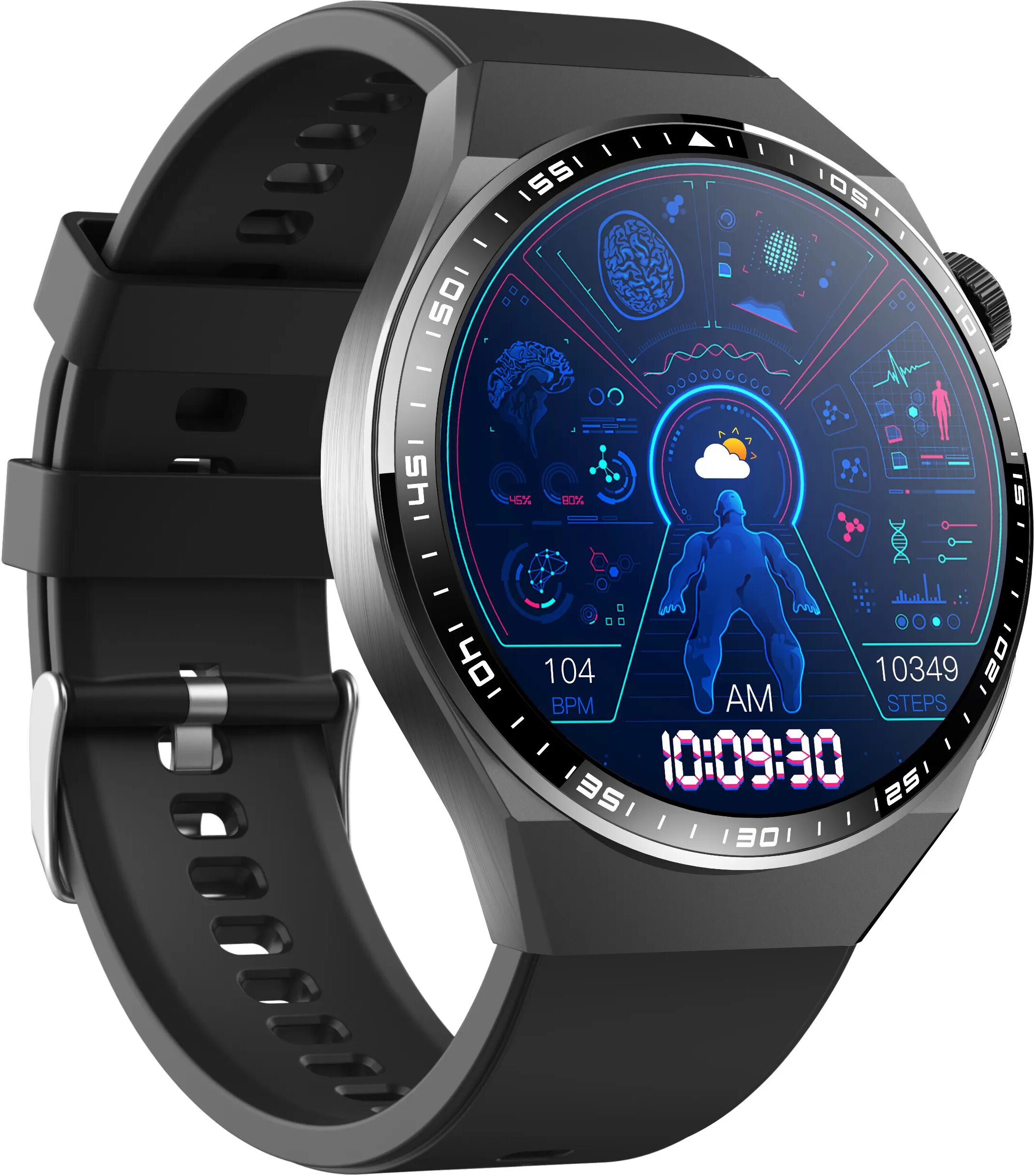 INF Smartwatch mit EKG, Körperzusammensetzungsanalyse, Blutzusammensetzungsanalyse (Harnsäure, Blutfette) Schwarzes Silikonarmband