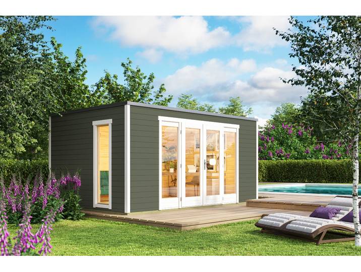 Gartenhaus NORDIC HOLZ Palermo 2 , grün (grüngrau), Fußboden im Gartenhaus, ohne Dacheindeckung, Massivholz, Gartenhäuser, Gartenhaus, mit großen Glasflächen