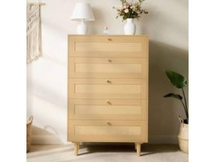 VEVOR Rattankommode Aufbewahrungsschrank mit 5 Schubladen & Metallgriffen & Holzbeinen, moderner Rattanschrank für Schlafzimmer Wohnzimmer Flur (70,2x40x106,5 cm) Kleidungsschrank Schubladenschrank