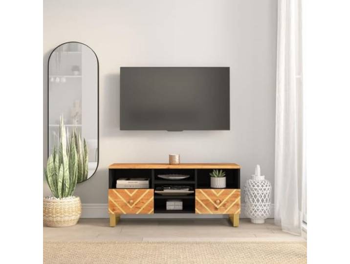 HEFZGDB TV-Schrank Braun und Schwarz 100x33,5x46 cm Massivholz Mango mit Stauraum und Eisenbeinen für Stabilität und Langlebigkeit