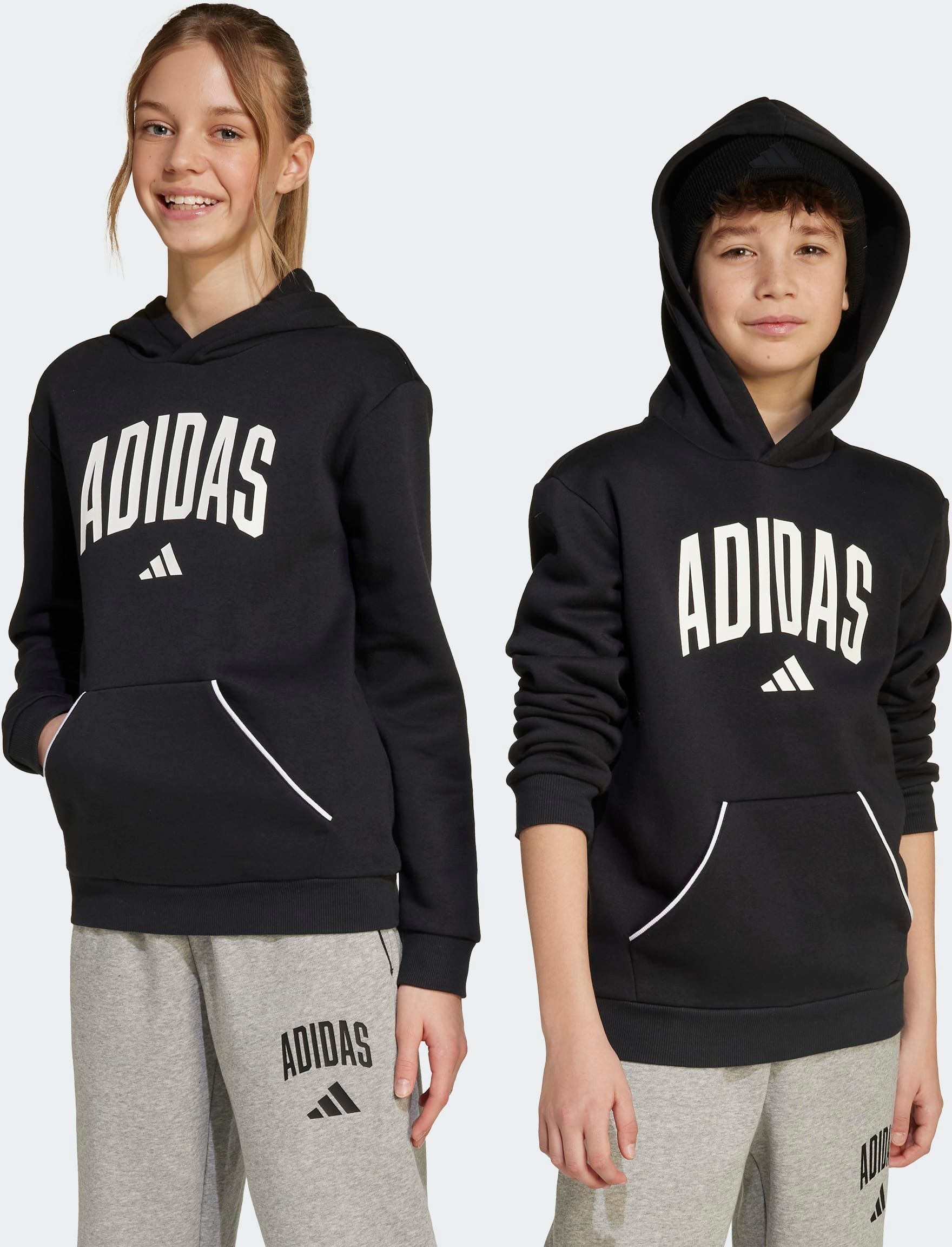 Kapuzensweatshirt ADIDAS SPORTSWEAR "SEASONALS ESSENTIALS COLLEGIATE TYPOGRAPHY KIDS HOODIE", Mädchen, Gr. 140, schwarz-weiss (schwarz, weiß), Obermaterial: 55% Baumwolle, 36% Polyester, 9% Viskose, normal, Rundhals, angesetztes Bündchen, Sweatshirts Kapu
