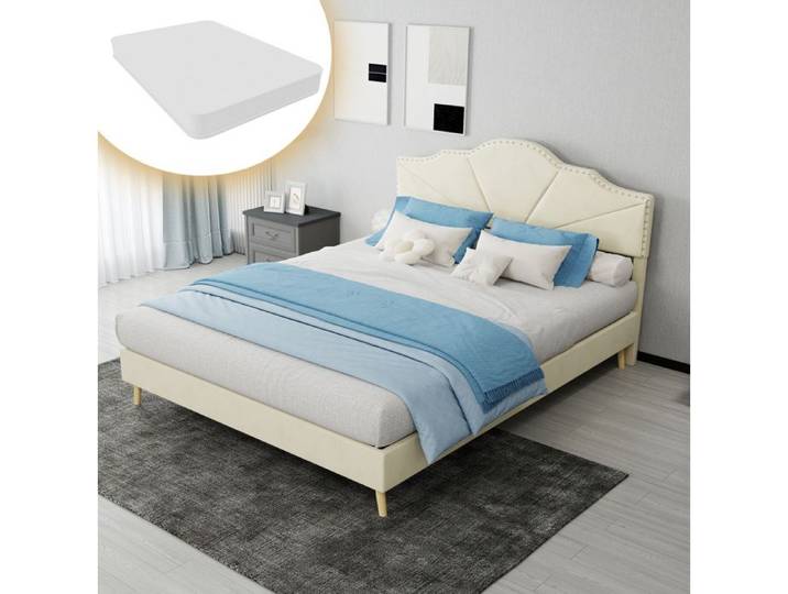 ROVRYN Ensemble lit double 140 x 200 cm avec matelas inclus sommier à lattes et tête de lit beige