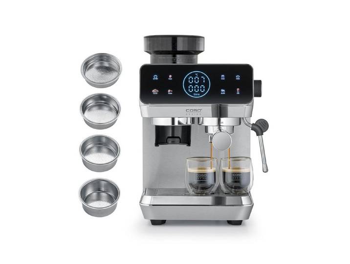 Caso Siebträgermaschine 01826, Edelstahl, 20 Bar Druck, Touch-Display, Mahlwerk, Thermoblock
