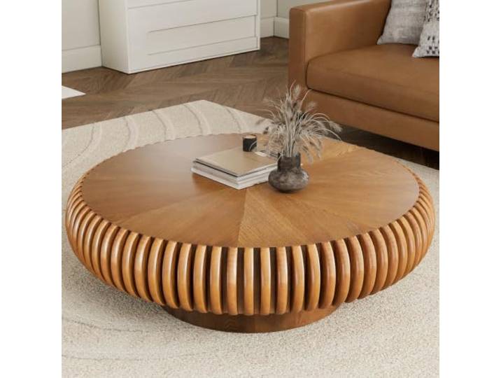 Runder Couchtisch 100cm Mit TrommelföRmigem Design Groß Geriffelt Braun Runder Beistelltisch Im Mid-Century-Modern-Stil Mit Stabilem Sockel Für Wohnzimmer Und Wohnung Einfache Montage