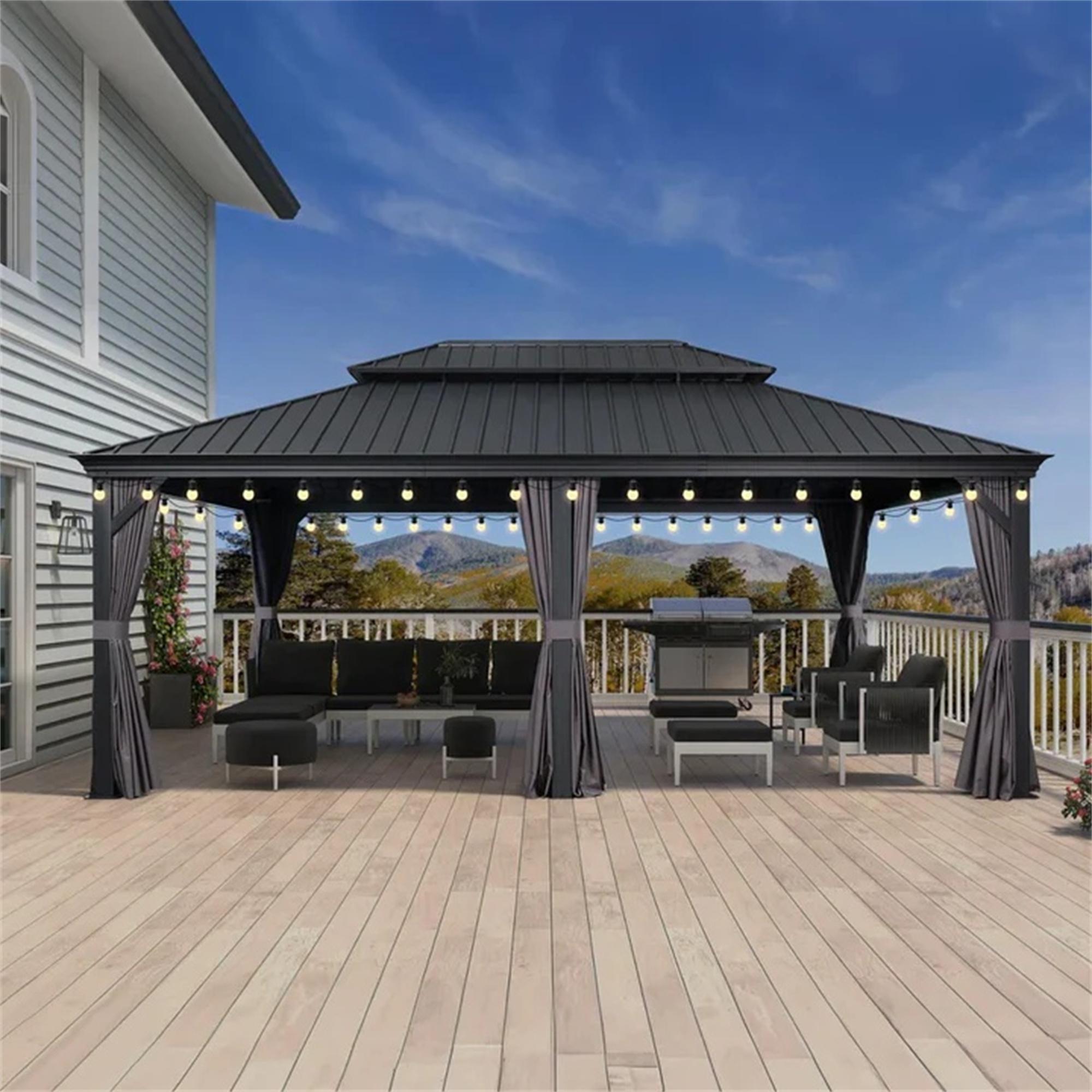 PURPLE LEAF Hardtop Pavillon 4.25x6m wasserdicht winterfest und stabil für den Garten,Grau,mit Beleuchtung