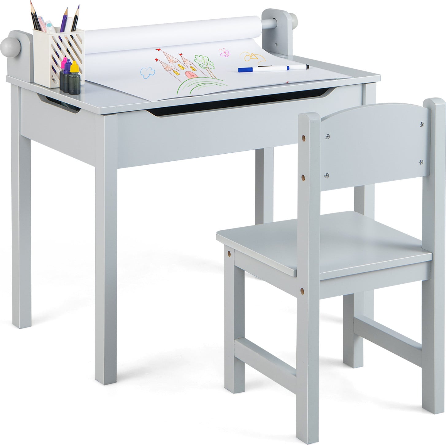 Costway Kinderbureau met stoel en inklapbaar tafelblad, kindertafelset met papierrolhouder, grijs