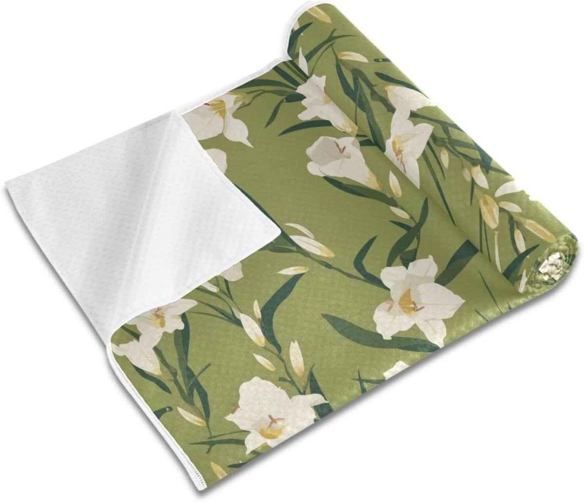 Zweetabsorberende yogamat handdoek met antislip voor fitness en yoga - Groen Bloemen - 185 x 69 cm