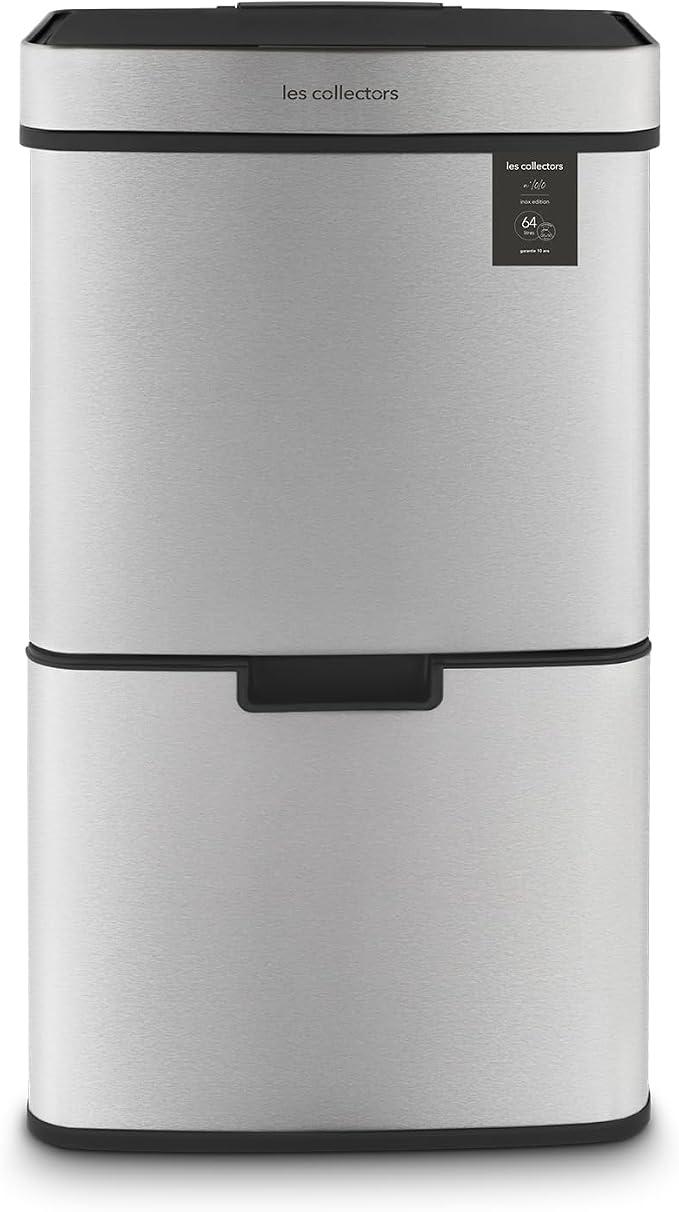 Mülleimer N°1010, 64 L, passend für 30-60-Liter-Säcke, 3 Fächer 42L +11L + 11L, Küchen-Tretabfalleimer Automatische Obenöffnung, Infrarot-Erkennungssystem, Geräuschloses Schließen