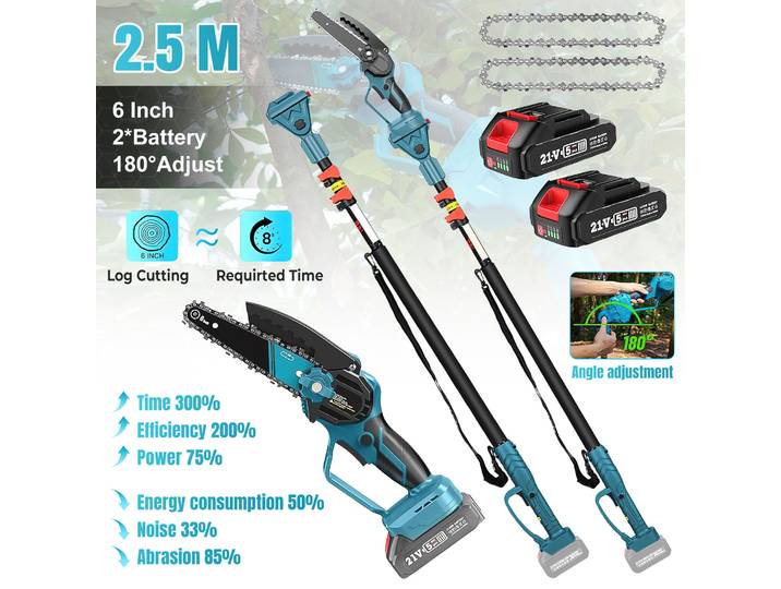 Scie à chaîne télescopique sans fil 2,5 m, outil de jardinage 2-en-1 pour l'élagage des hautes branches, 180 ° Scie à chaîne électrique réglable + 6 pouces